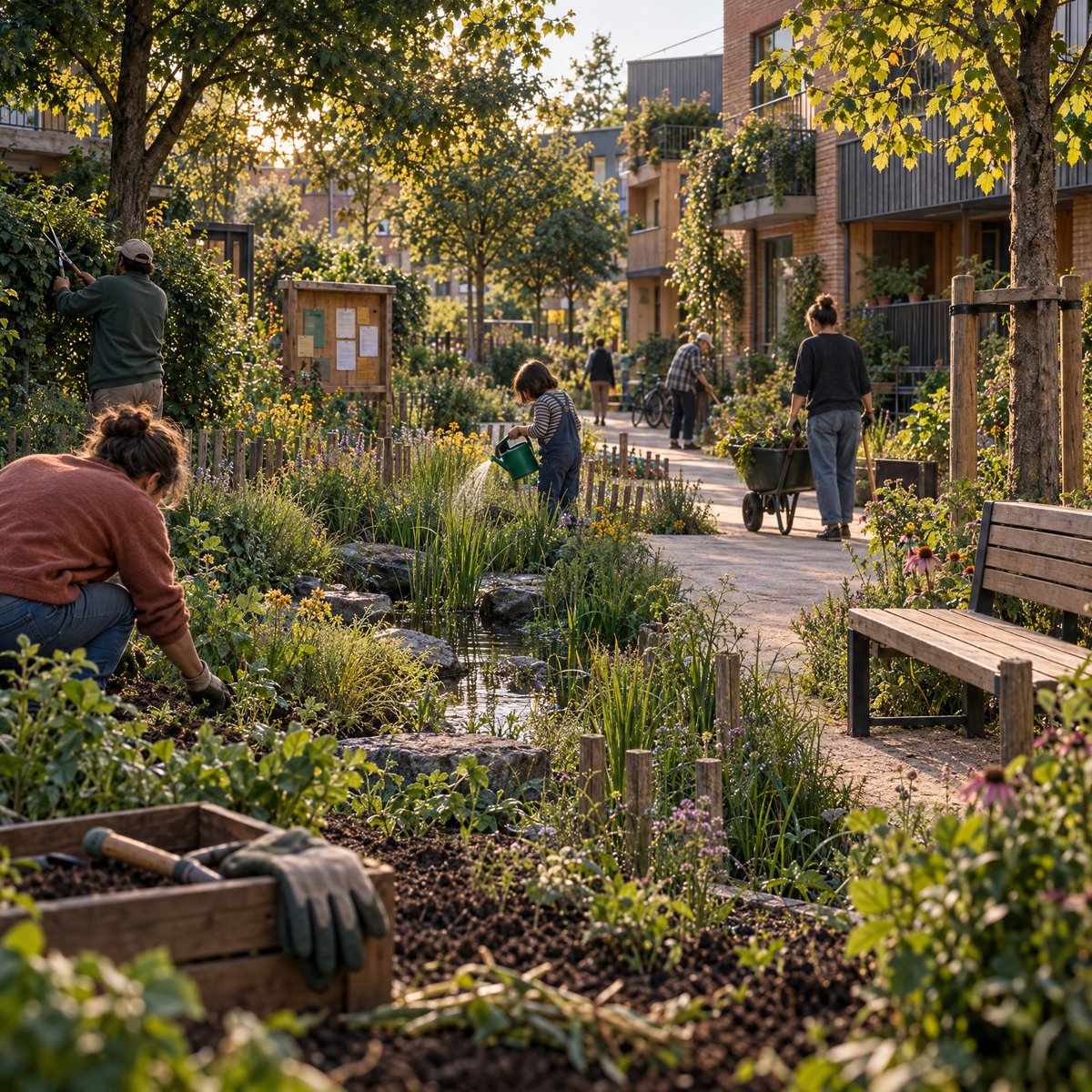Habitants entretenant un jardin de pluie collectif dans leur quartier