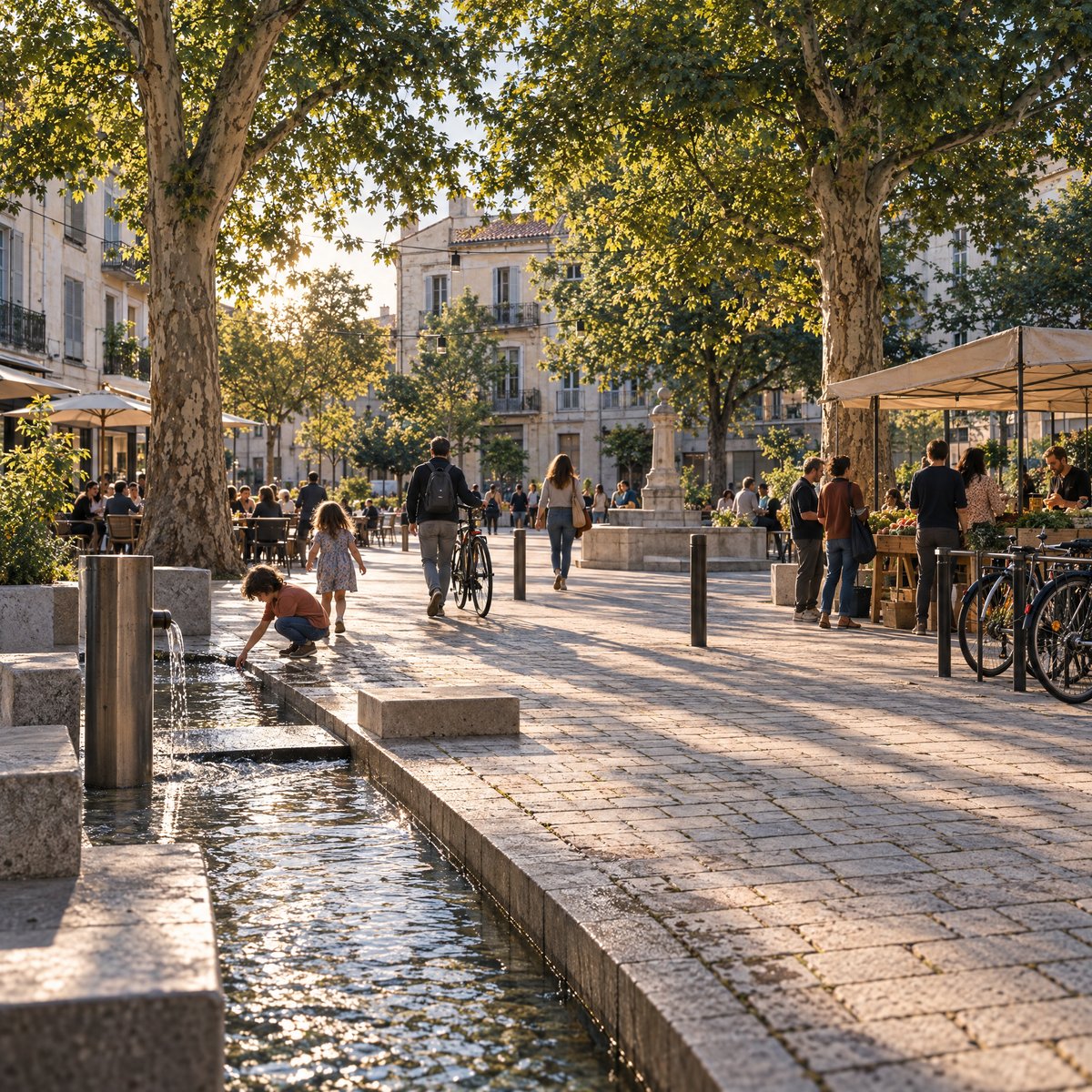 Place urbaine ombragée associant eau, marché et usages quotidiens