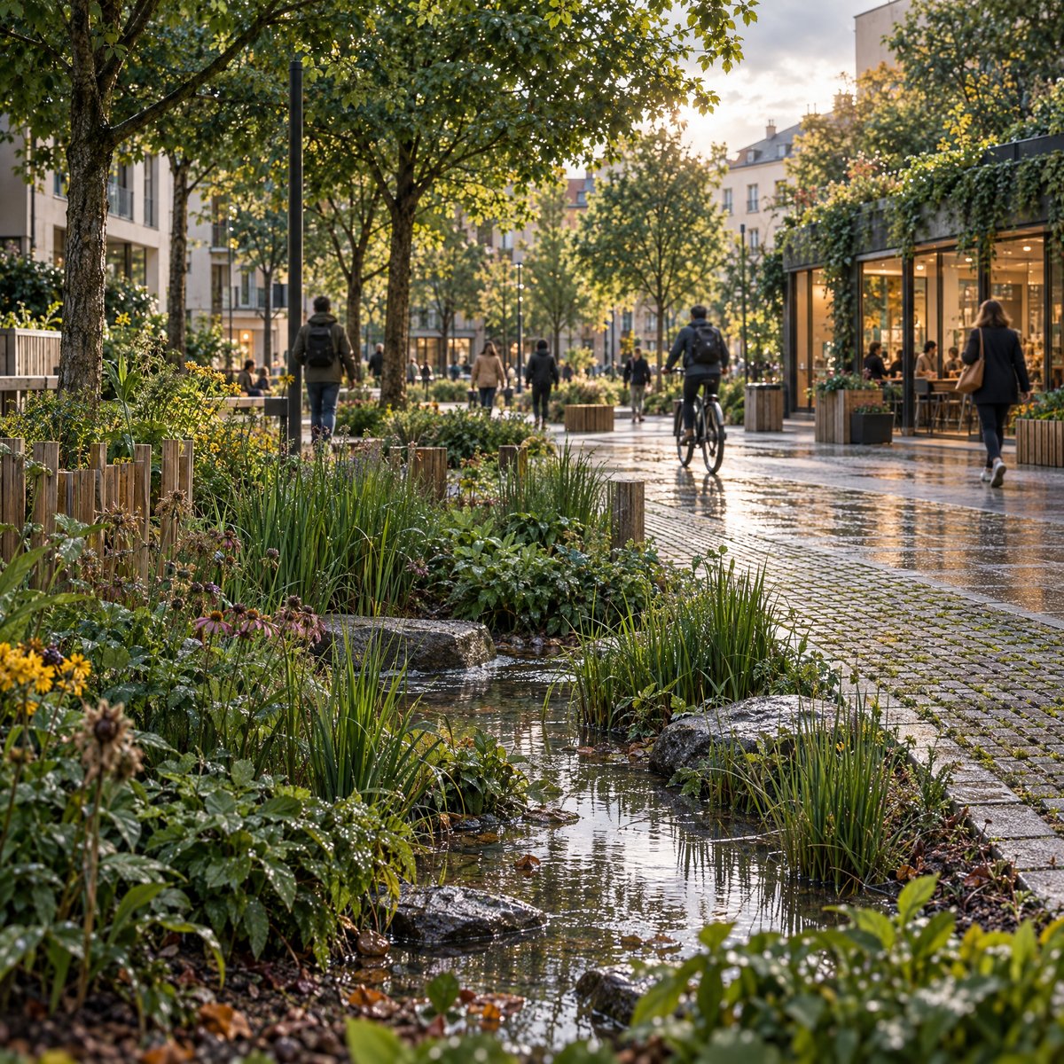 Jardin de pluie recevant les eaux sur une place de quartier