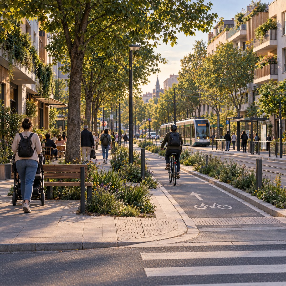 Rue apaisée associant tramway, marche, vélo et végétation