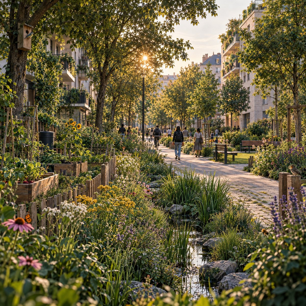 Continuité végétale urbaine traversant un quartier habité